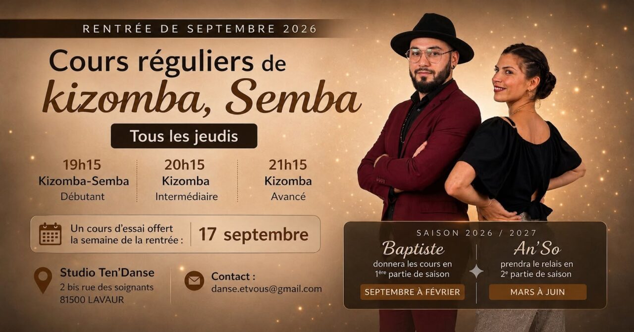 Cours de kizomba tous les jeudis- Lavaur- saison 2026/2027 avec An&rsquo;so ou Baptiste