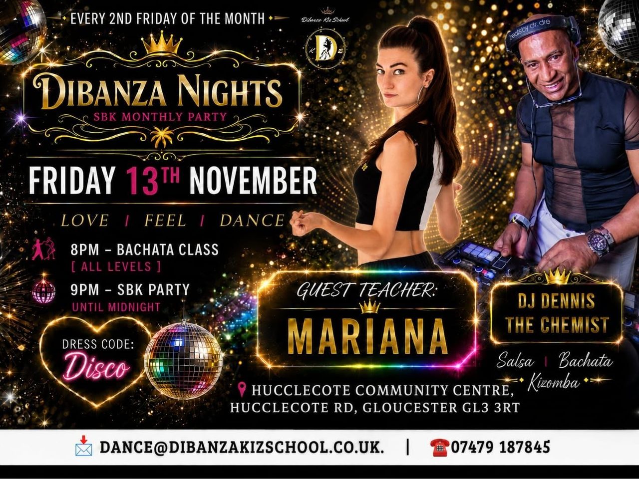 DIBANZA Nights | SALSA/BACHATA/KIZOMBA Monthly Party – GLOUCESTER – teacher MARIANA & DJ THE CHEMIST