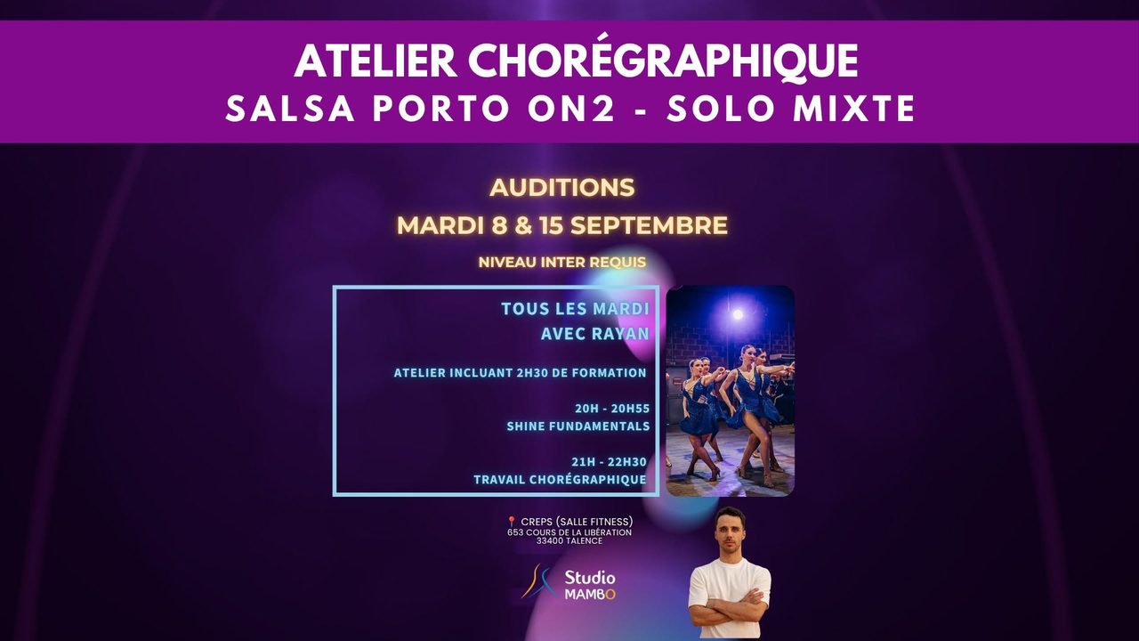 Atelier Chorégraphique Salsa Porto On2 – Shine (Salsa Solo Mixte) avec Rayan | Studio Mambo