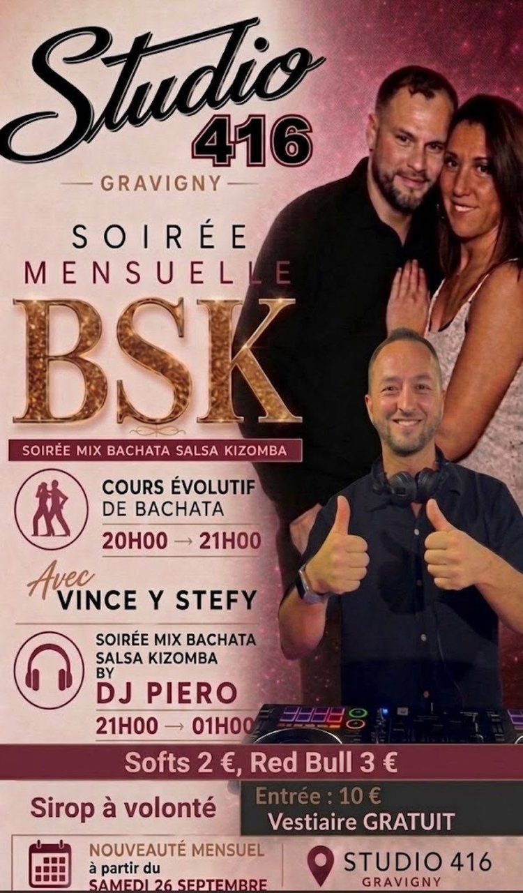 Cours bachata Evolutif et soirée Bachata, Salsa, Kizomba
