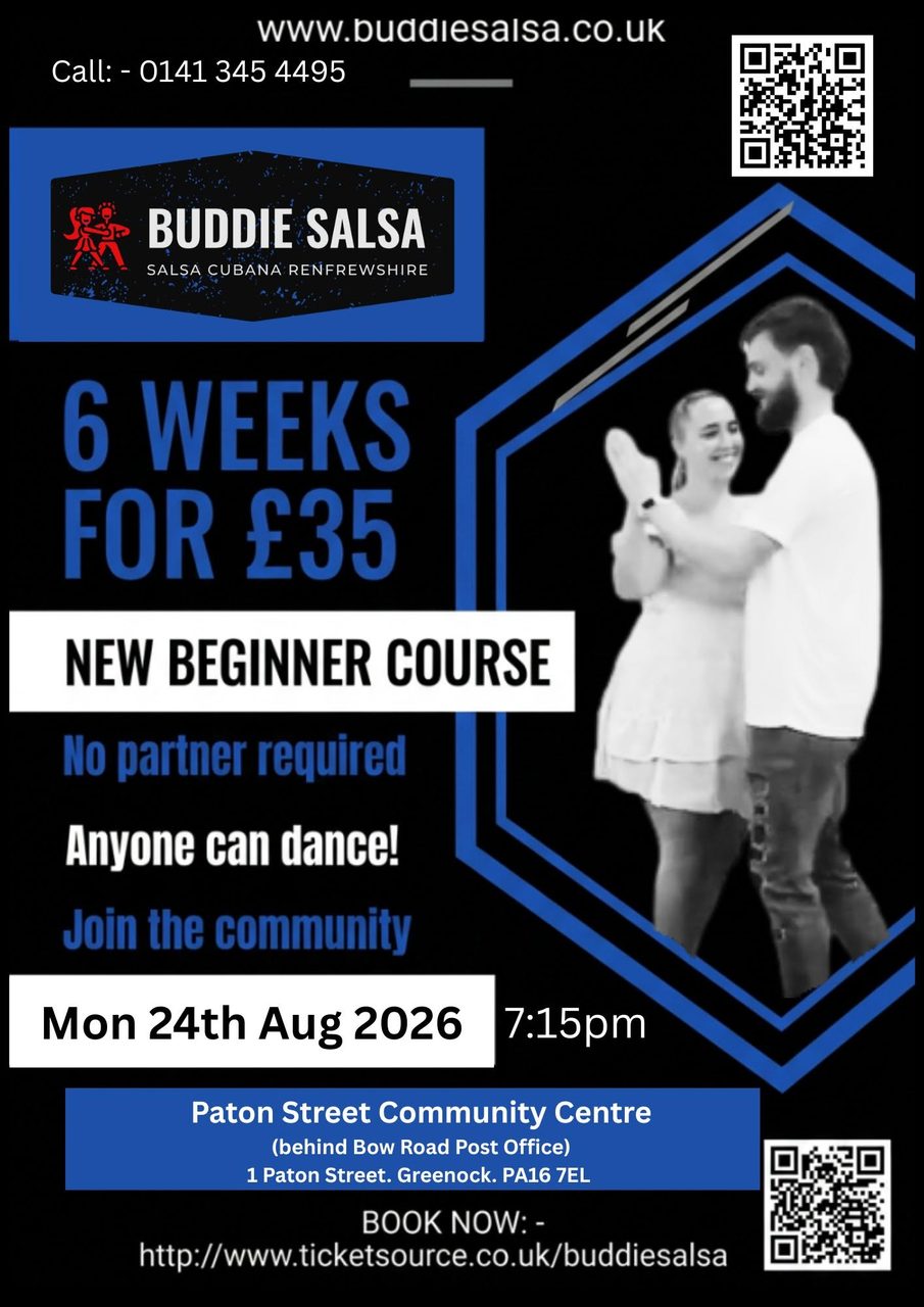 Greenock – Mondays 7:15pm Beginners Salsa Class (6 week block) – August 2026