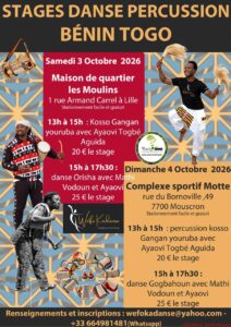 Lille et Mouscron – Stages danse percussion Bénin Togo