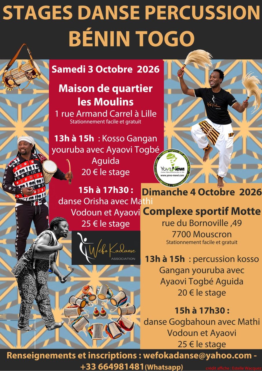 Lille et Mouscron – Stages danse percussion Bénin Togo