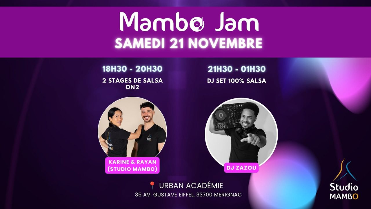 Mambo Jam (Novembre) – 2h de stages salsa porto On2 (Rayan & Karine) + soirée 100% salsa (DJ Zazou)