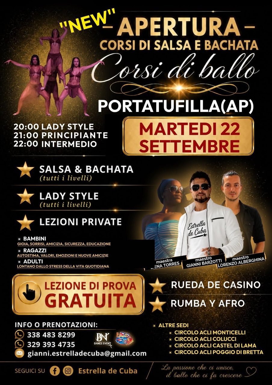Martedì 22 Settembre  »OPEN DAY » Lezione di prova Gratuita • Corsi Di Ballo • Tufilla Ascoli Piceno