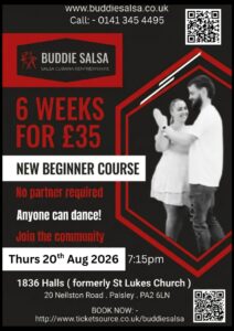 Paisley – Tuesdays 7:15pm Beginners Salsa Class (6 week block) – Sept 2026 – 1836 Hall.