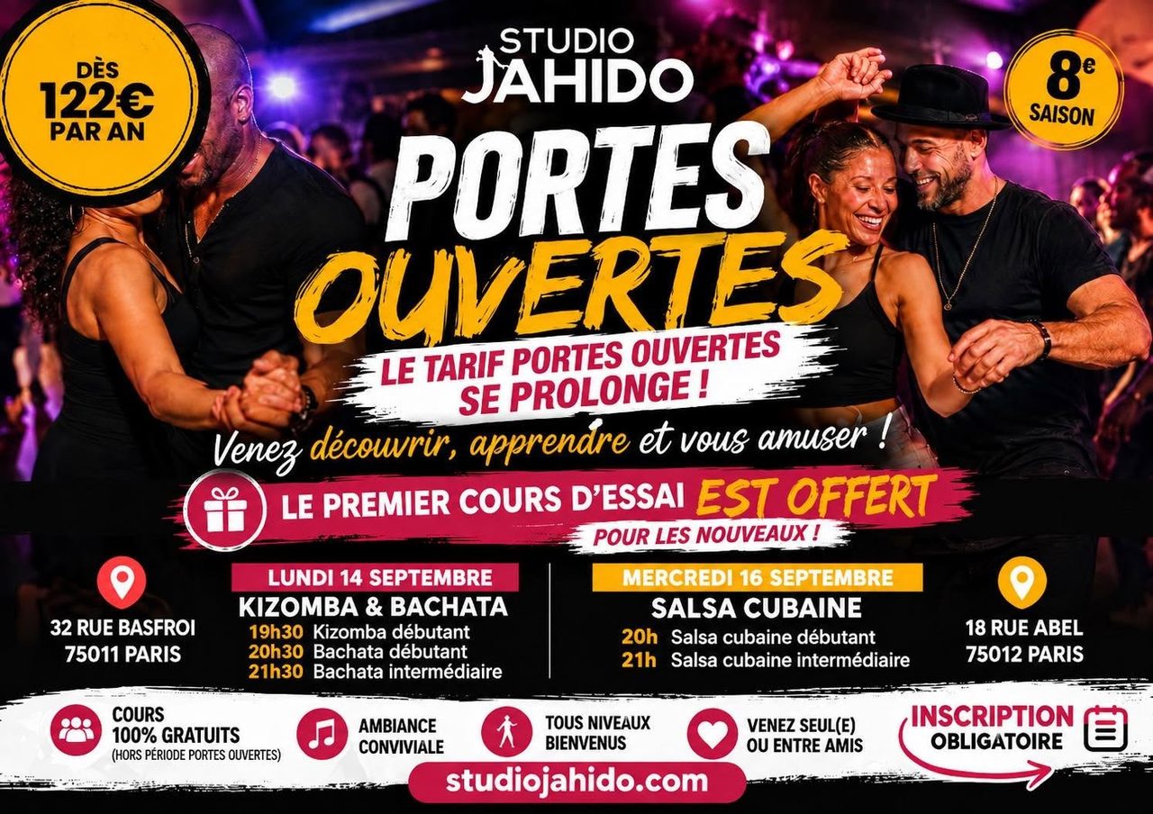 🔥KIZOMBA&BACHATA TARIFS PORTES OUVERTES PROLONGÉS – 1ER COURS OFFERT À PARIS 11💃