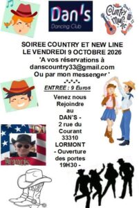 SOIREE COUNTRY ET NEW-LINE AU DAN&rsquo;S – 2, RUE DU COURANT – 33310 LORMONT, LE VENDREDI 09 OCTOBRE 2026