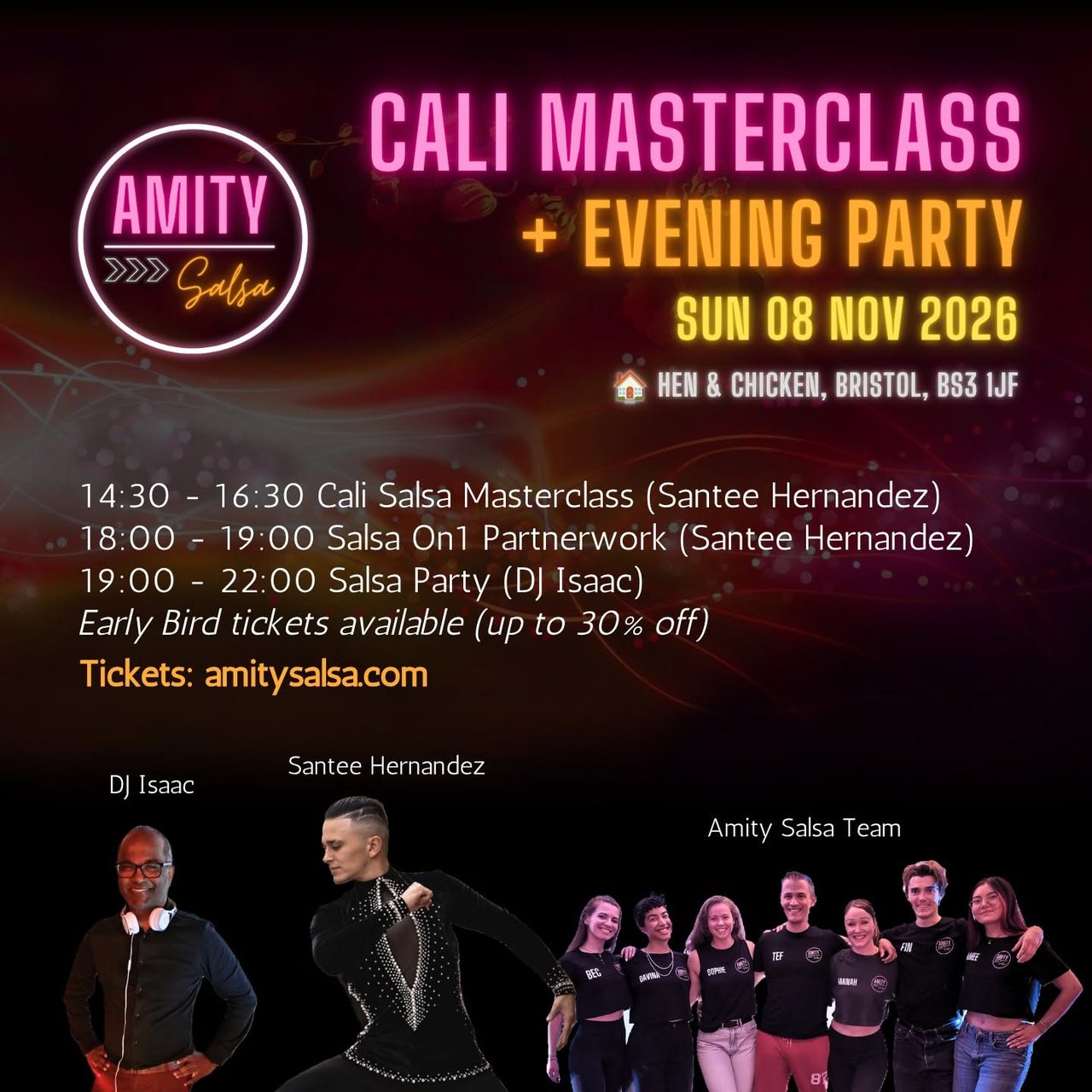 Amity Salsa Party @ Hen and Chicken (Sun 08 Nov 2026) – Masterclass & Party with Santee Hernandez