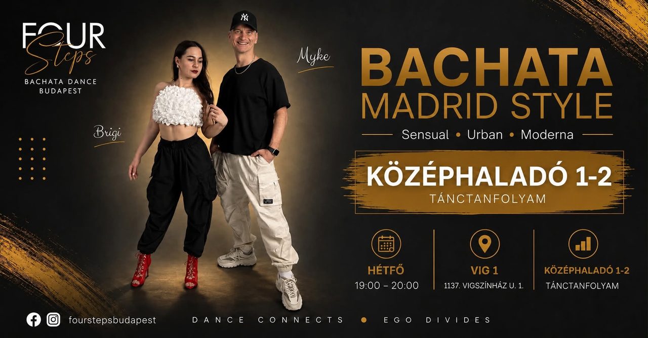 BACHATA KÖZÉPHALADÓ 1-2 TÁNCTANFOLYAM, MINDEN HÉTFŐN 19.00-20.00 (1137.Vígszínház u.1.)