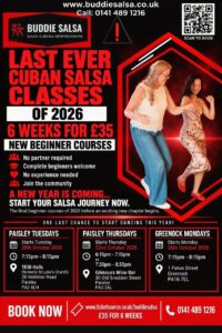 Paisley Town – Thursdays 6:15pm or 7:30pm Beginners Salsa Class (6 week block) – Oct 2026 – Gilmours