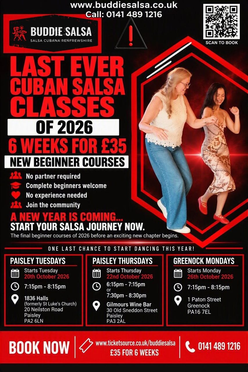 Paisley Town – Thursdays 6:15pm or 7:30pm Beginners Salsa Class (6 week block) – Oct 2026 – Gilmours