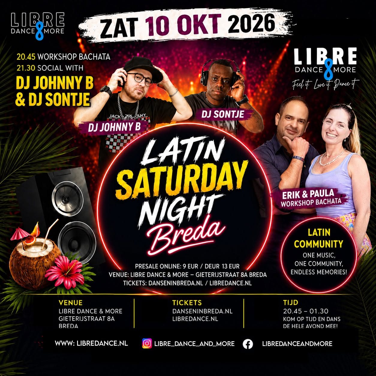 ZAT 10 OKT 2026 LATIN SATURDAY BREDA | SONTJE & JOHNNY B | WORKSHOP BACHATA | VVK 9 EUR/deur 13 EUR